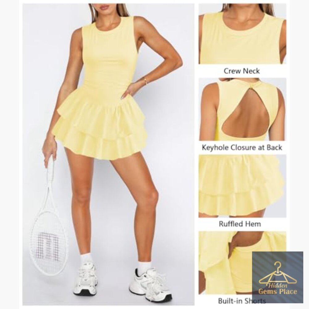 Slim Fit Tennis Dress with Built-in Shorts, Ruffle Pleats, Keyhole Back - Picture 4 of 6